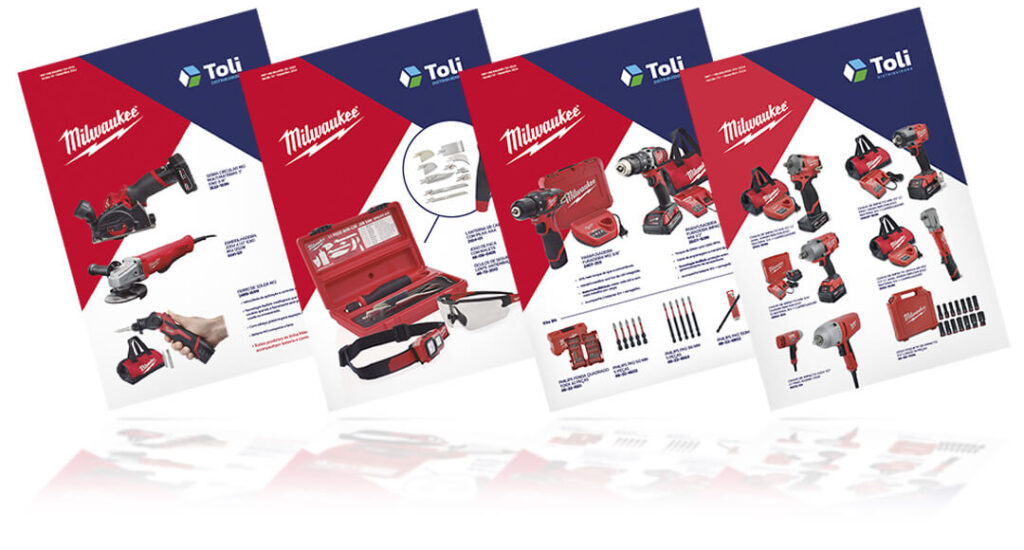 Materiais de divulgação Milwaukee na Toli Distribuidora.